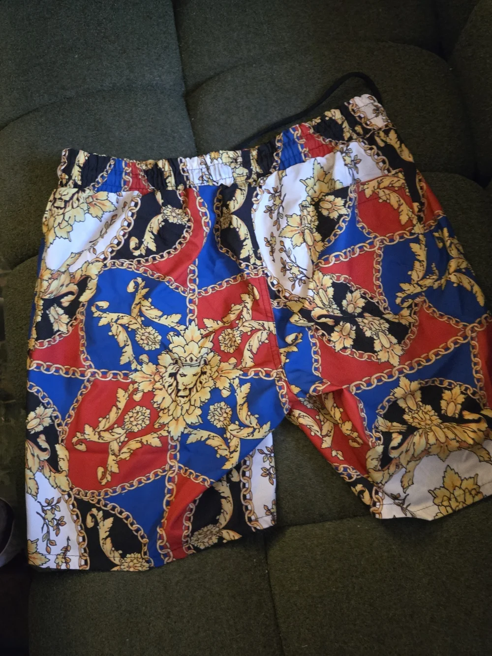 Men's Patterned Chain-Print Swim/Beach Shorts in Red, Blue, Black